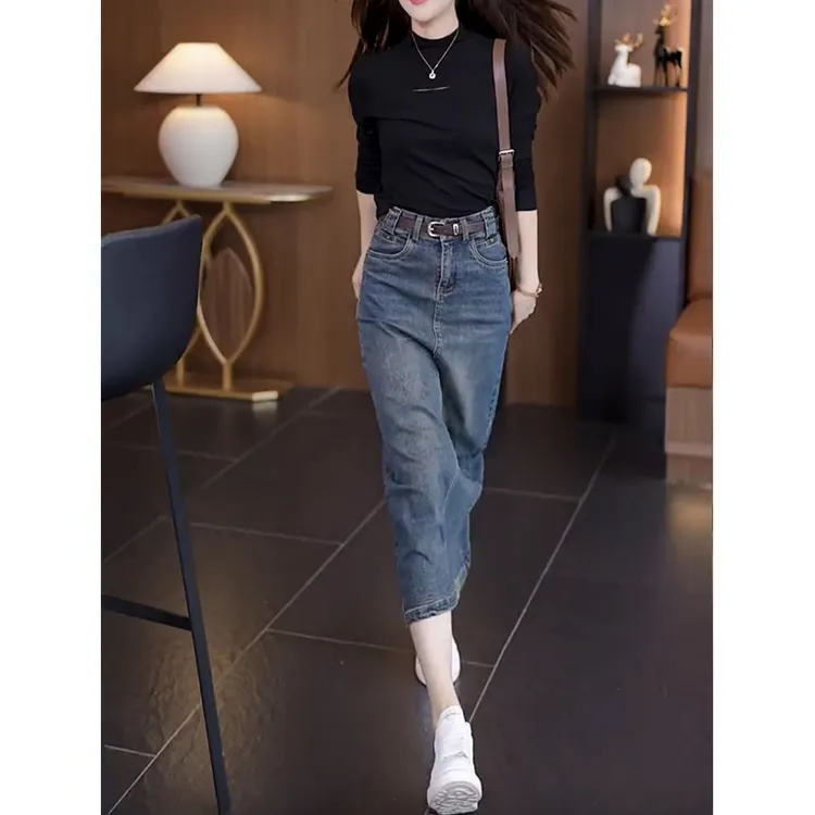 拉夏贝尔牛仔半身裙女高腰夏季2025新款显瘦中长款时尚包臀直筒裙