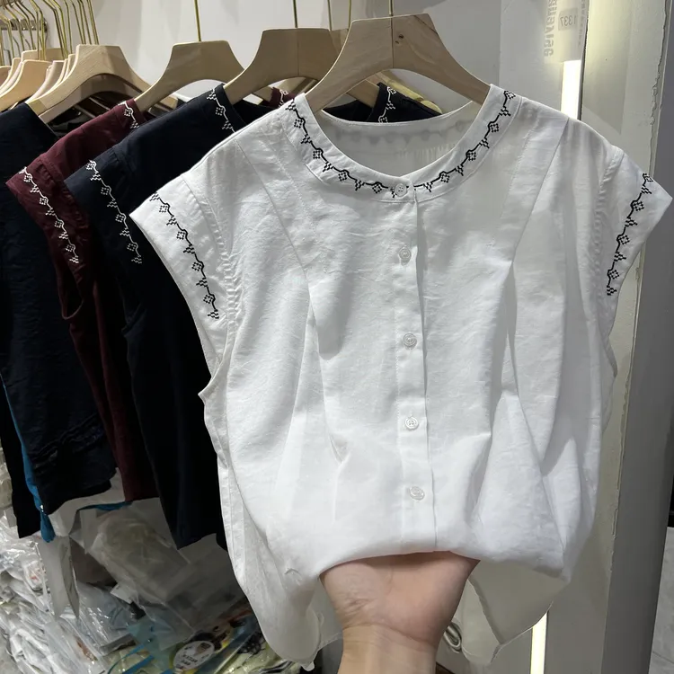 1285韩系刺绣纯棉无袖衬衫背心女夏季新款宽松显瘦百搭小衫上衣潮