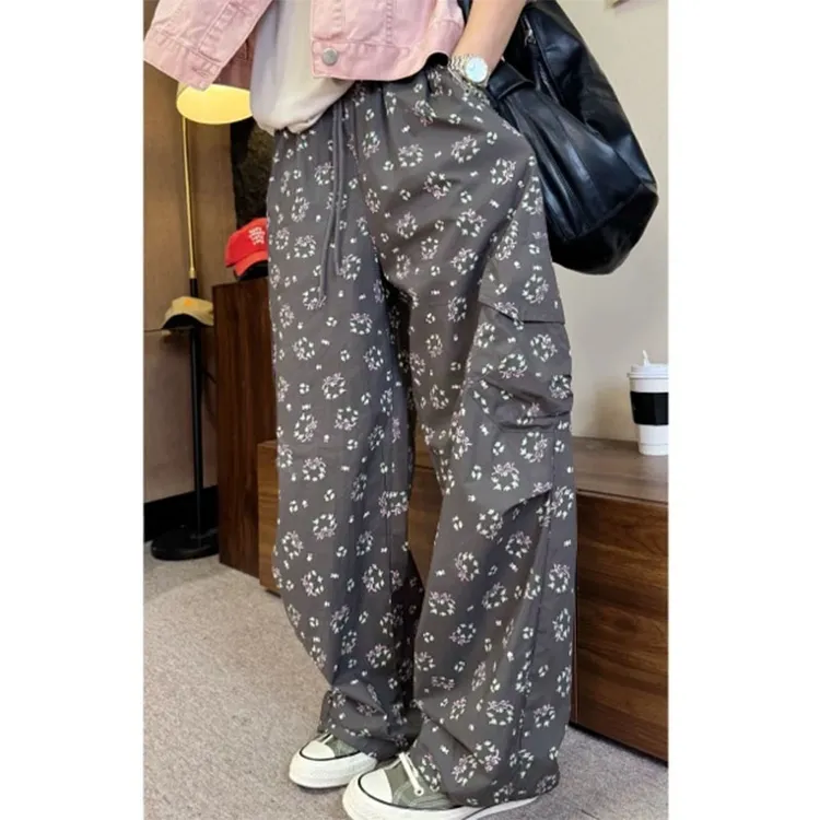 春秋季新款复古碎花印花薄款直筒裤女设计感两穿时尚休闲阔腿裤潮
