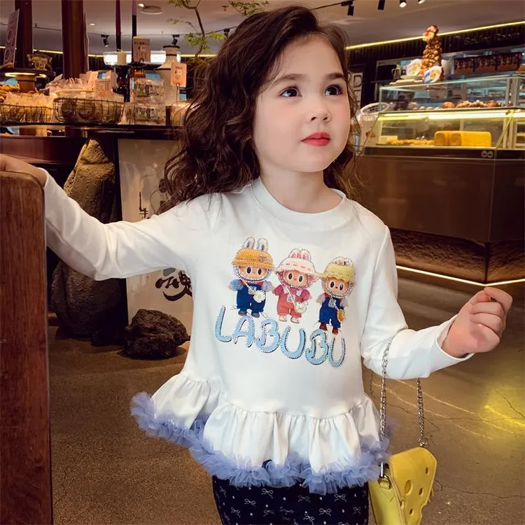 【思晨家】女童秋款百搭时髦网纱花边长袖T恤2025新款小女孩上衣潮