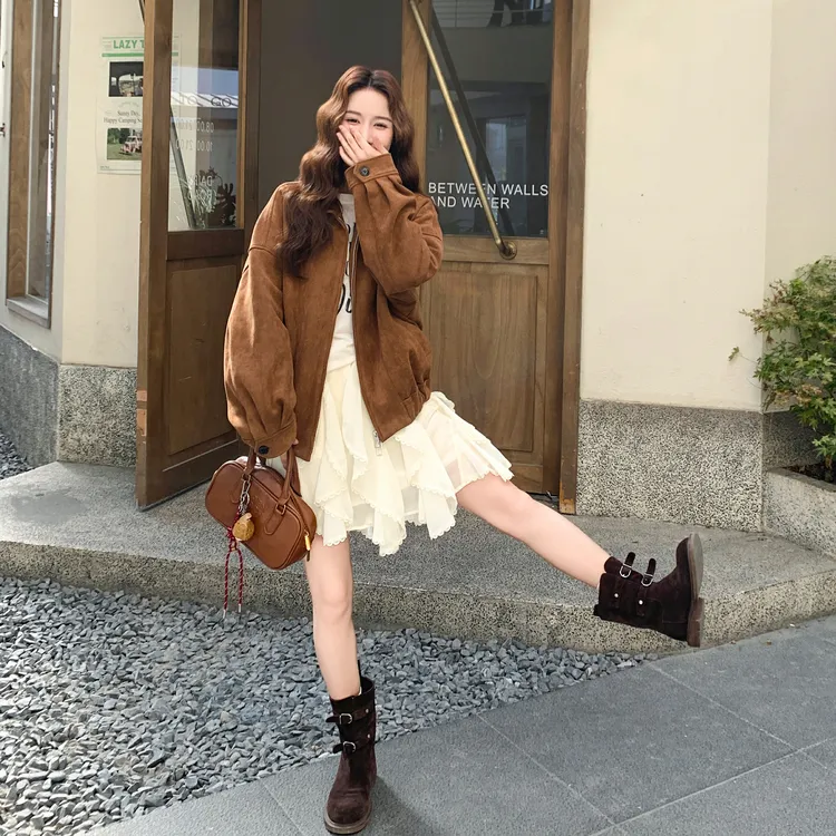 时髦复古活力减龄通勤风上衣女秋季新款个性百搭双拉链麂皮绒外套