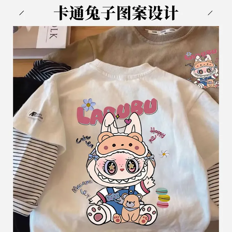 男女童纯棉卡通拉布布长袖T恤假两件上衣春秋新款儿童圆领打底衫