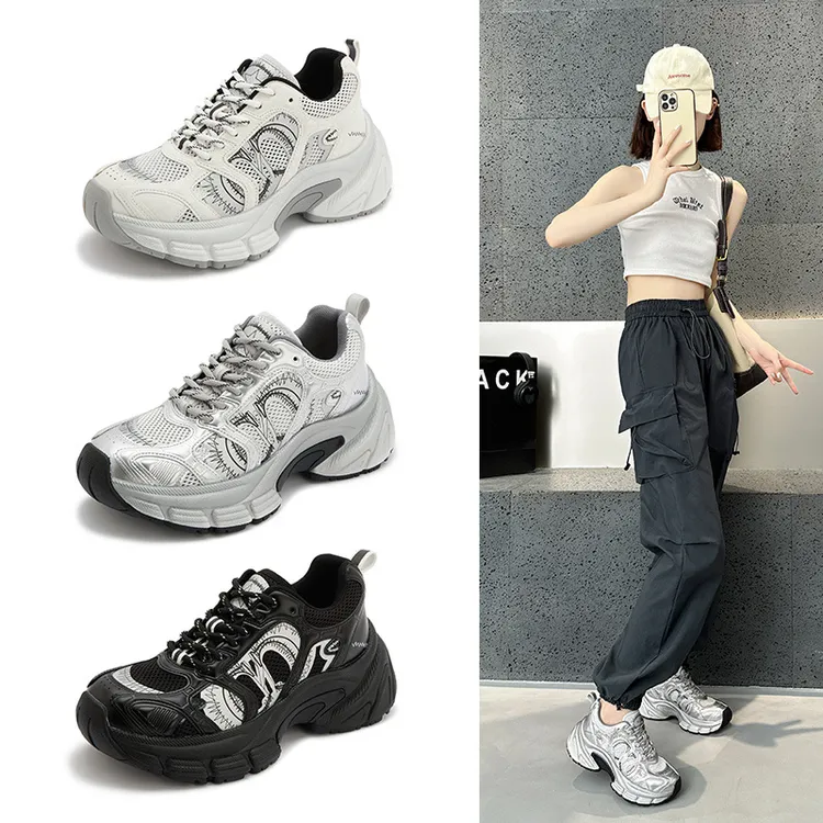 2025春夏季新款网面厚底增高系带休闲百搭运动老爹鞋女学生潮鞋