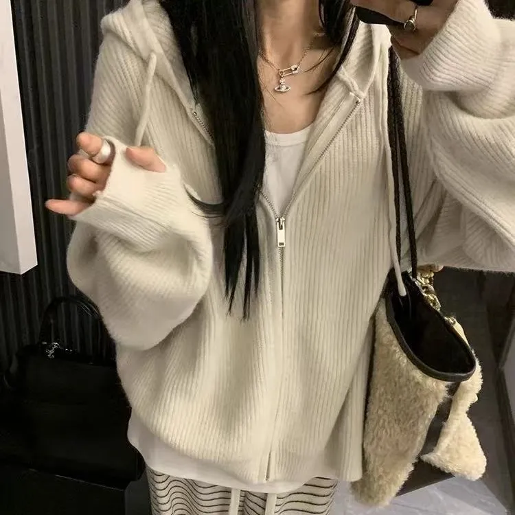 慵懒风高级感拉链连帽毛衣外套女秋冬2025新款宽松针织开衫上衣