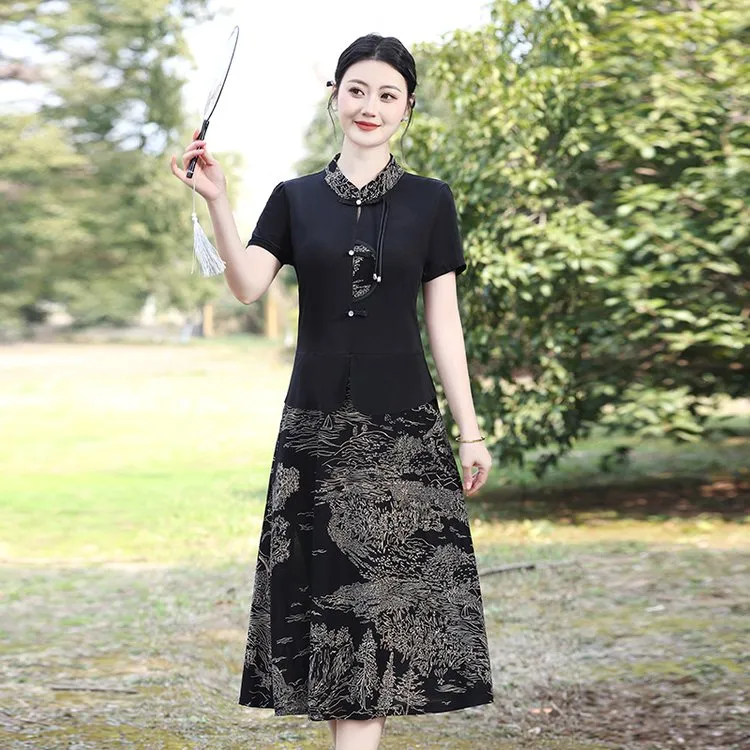 2025新中式假两件洋气过膝裙子夏季新款国风气质高贵短袖连衣裙女