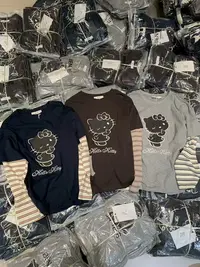 温柔瑶-BEN秋款福利#百搭卡通Kitty猫拼接条纹袖上衣#82688