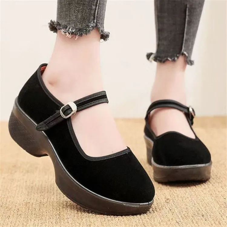 北京软底黑色广场工作鞋厚底单鞋酒店跳舞舞蹈防滑布鞋女鞋平绒鞋