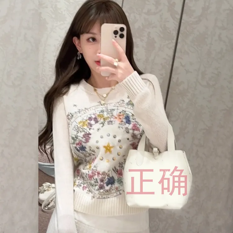 甜美可爱25秋冬新款白色长袖圆领山花朵星座绣花针织衫毛衣女