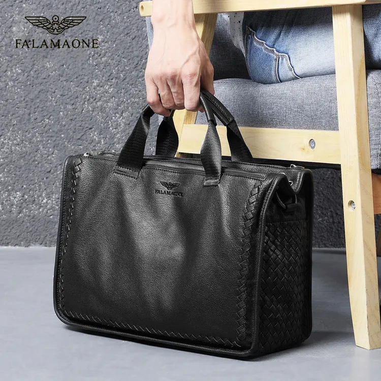 FALAMAONE正品高档男士真皮公文包休闲手提包手工编织工艺皮包男