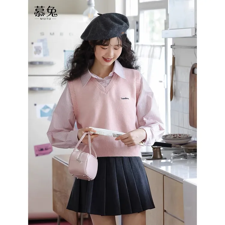 467-假两件条纹衬衫女早秋短款针织衫马甲拼接上衣