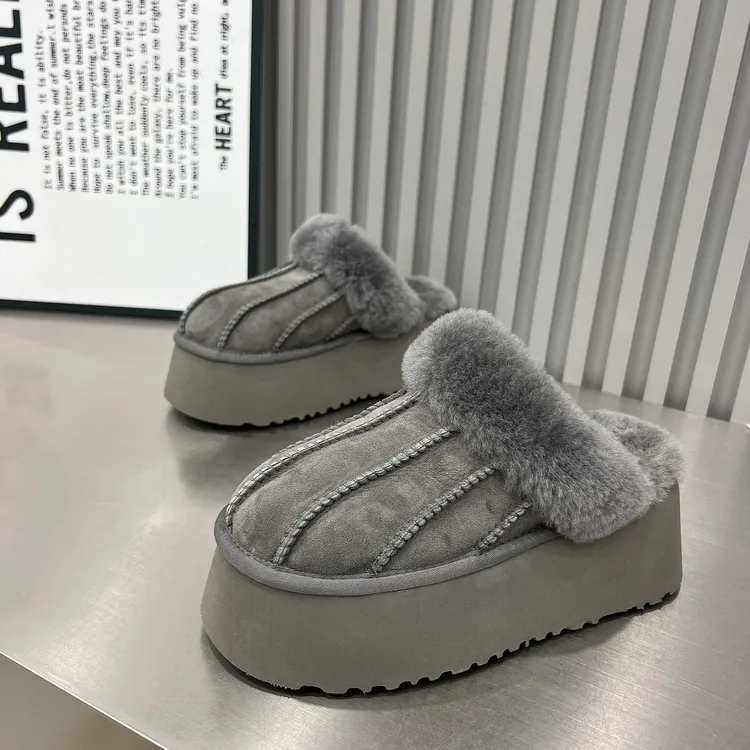 欧货2025新款皮毛一体包头半拖鞋女鞋6cm厚底松糕雪地靴毛毛鞋