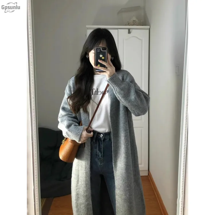 gpsunlu慵懒风长袖针织女性外开衫柔软蜡质过膝中长毛衣夹克秋季