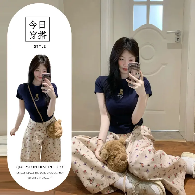 miu里miu气套装女夏季小熊短袖上衣一整套ootd穿搭新款小众阔腿裤