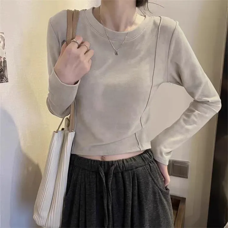 小众百搭设计感正肩浅杏色T恤女上衣显瘦卡通印花简约修身少女风