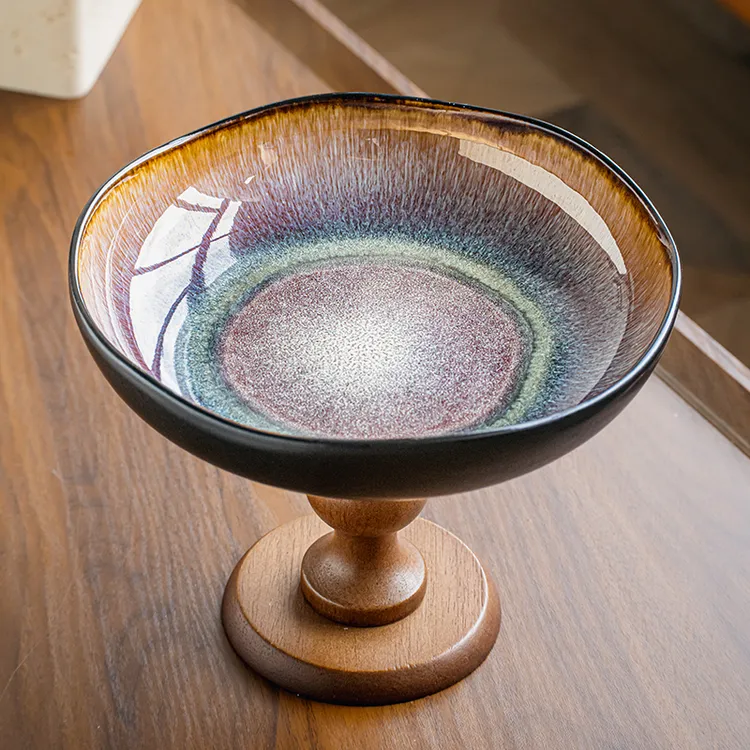 小悠家 轻奢高档复古木质高脚果盘陶瓷零食托盘乔迁之喜水果盘