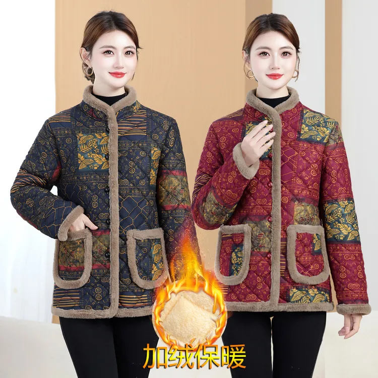 冬季新款复古花色洋气百搭中老年妈妈加厚加绒小棉袄立领气质棉服