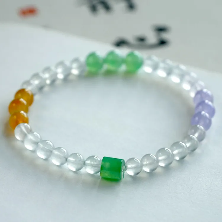 F329三彩白冰圆珠手串翡翠珠珠缅甸天然A货翡翠翡翠珠串百搭气质