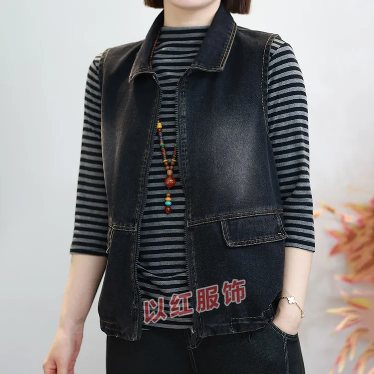 2025秋季牛仔马甲POLO领外搭拉链马夹宽松大码洋气坎肩外套