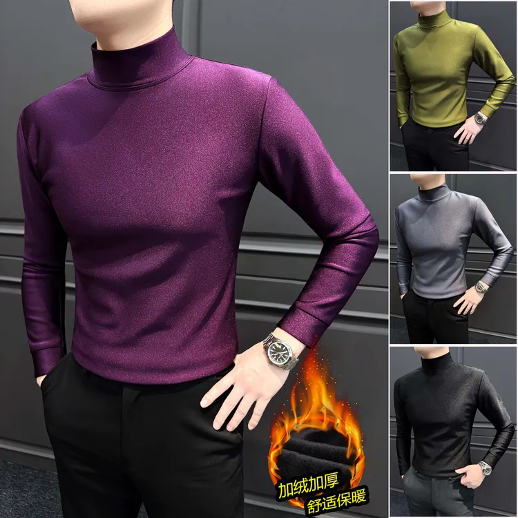 半高领加绒长袖T恤男款爆款2025新款秋冬修身休闲百搭加厚打底男