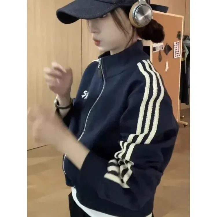 秋季新款藏蓝色运动开衫卫衣女韩版短款时尚百搭小个子棒球服外套