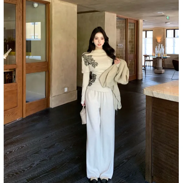 蕾丝拼接半高领长袖针织衫女秋季设计感套装高腰休闲阔腿裤两件套