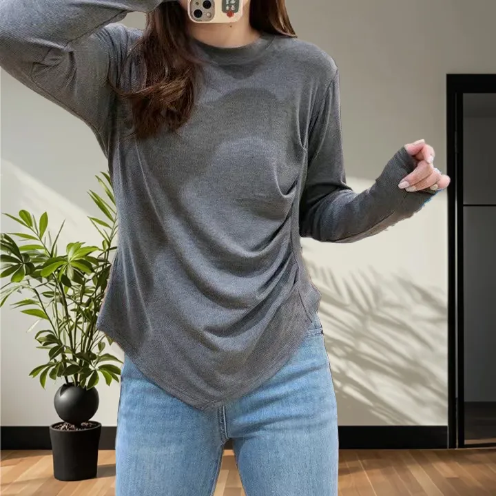 大码200斤秋冬新款简约不规则下摆纯色正肩收腰显瘦长袖t恤女上衣