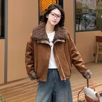 152区2517浅咖大毛领翻领格子撞色麂皮绒复古工装棉服外套