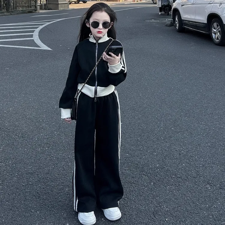 女童春季黑色拉链外套2025新款休闲百搭裤子中大童女孩洋气两件套