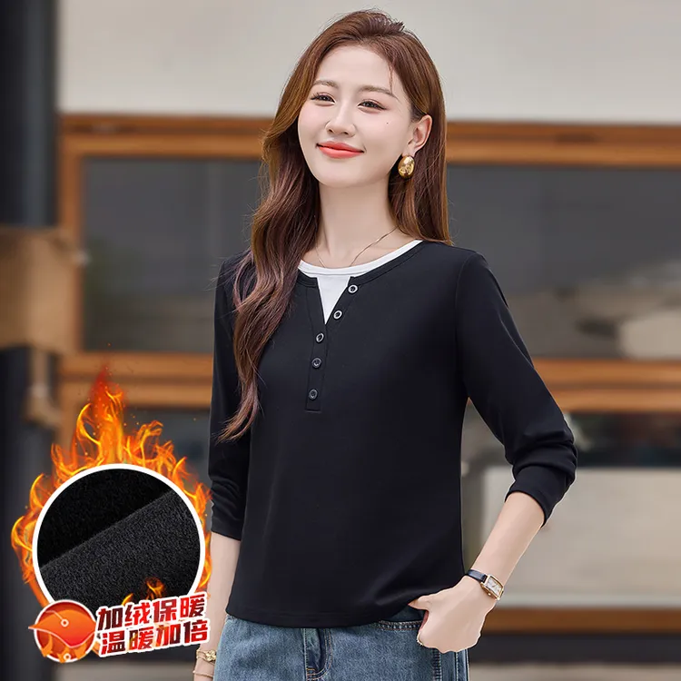 加绒加厚假两件黑色打底衫女春秋2025秋冬新款洋气减龄遮肚子上衣