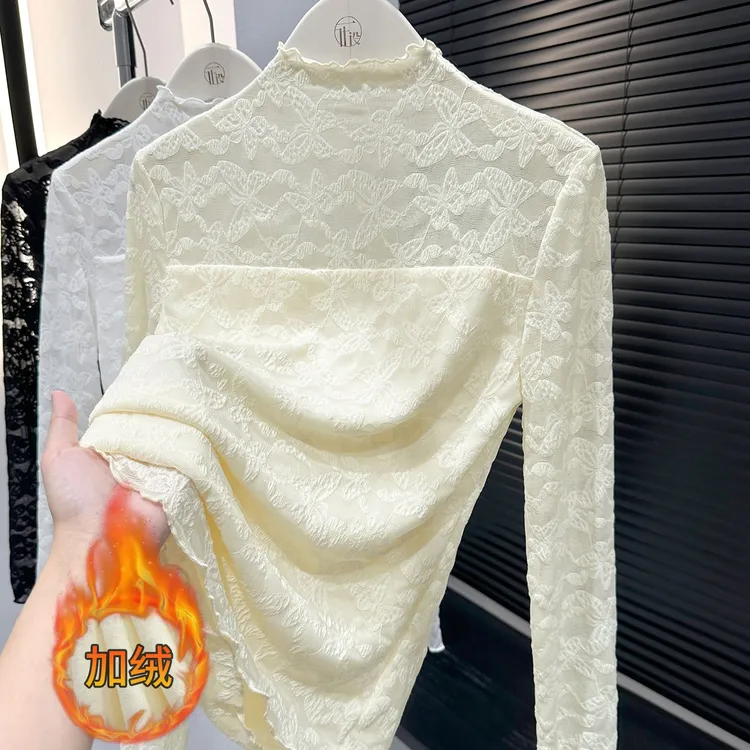 高端杏色蝴蝶提花洋气上衣秋冬爆款加绒保暖内搭半高领蕾丝打底衫