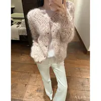 阿琳ALIN【积雪盐】马海毛针织开衫女拼色软糯镂空长袖毛衣AL5IZC12