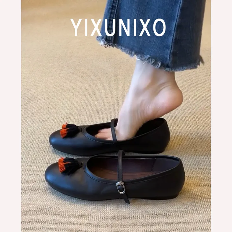 羊皮~复古绒面流苏平底单鞋女2025新款配裙子圆头一字带玛丽珍鞋