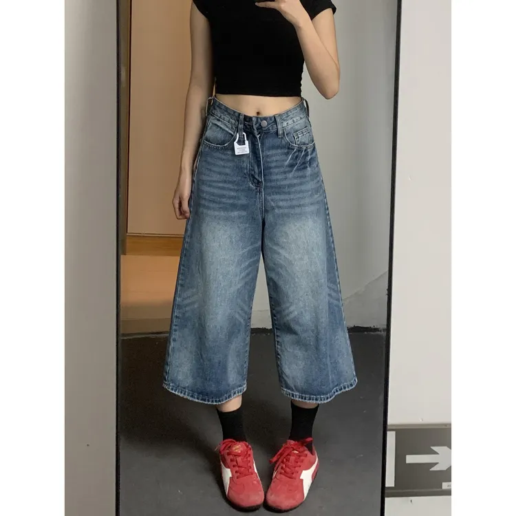 微胖mm直筒高腰磨白七分牛仔裤女夏季新款复古宽松显瘦设计感中裤