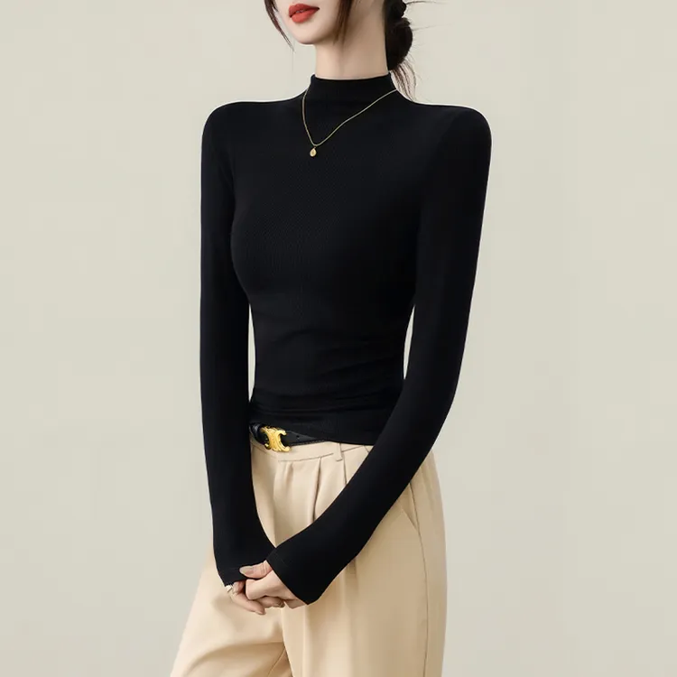 2025新款螺纹半高领打底衫女秋冬黑色修身长袖女生秋冬衣服内搭