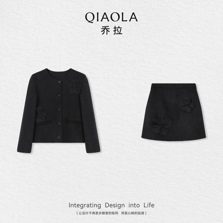 QIAOLA/乔拉【暮雪精灵】秋季羊毛梭织双面呢正肩长袖外套A字半裙