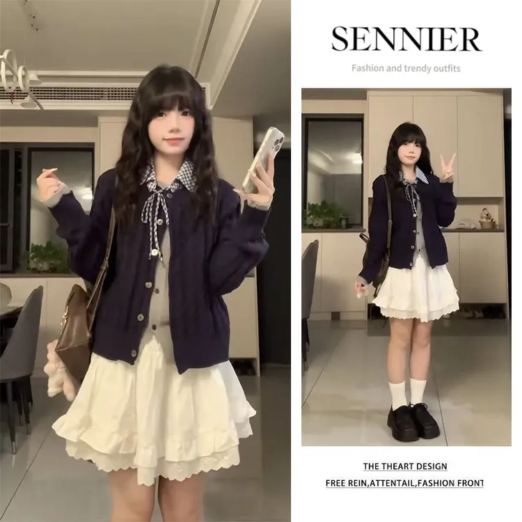 时尚穿搭女2025秋季新款假两件长袖针织开衫显瘦花边短裙两件套装