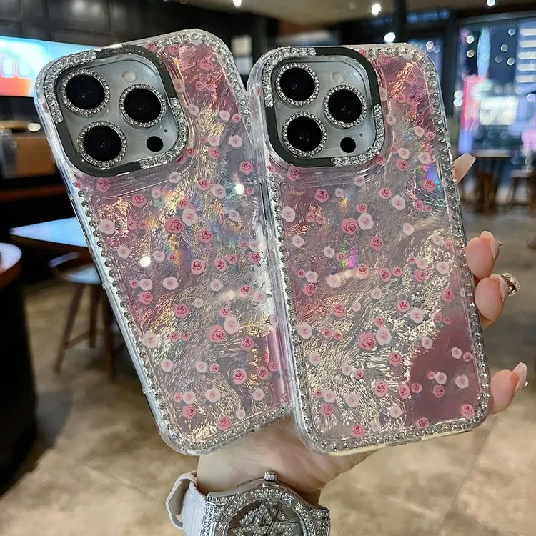 适用苹果系列iPhone16新款手机壳晕染满屏玫瑰钻石镜框闪钻镜头膜