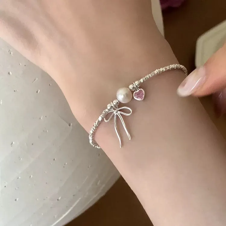 925银手链 粉爱心蝴蝶结碎银手链925银
