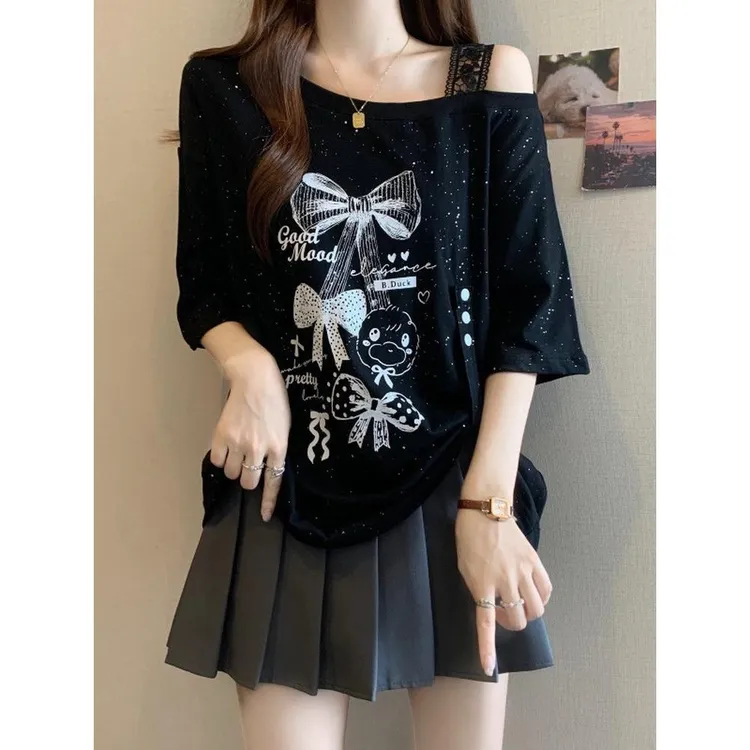 2025夏季新款蕾丝露肩短袖T恤时尚大码女装胖mm别致遮肉显瘦上衣