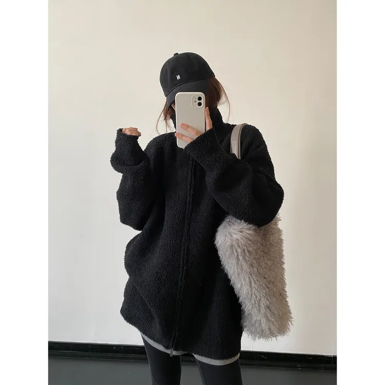 半边绒宽松立领拉链外套简约显瘦慵懒休闲纯色百搭中性夹克