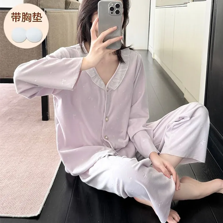 2025新款睡衣女秋冬季海岛绒加厚保暖休闲V领花边舒适家居服套装