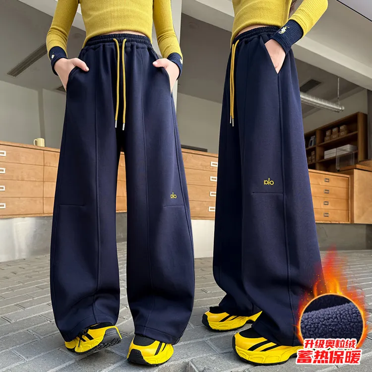秋冬女童加绒裤子休闲裤宽松新款9-12岁15中大童冬装洋气弯刀裤子