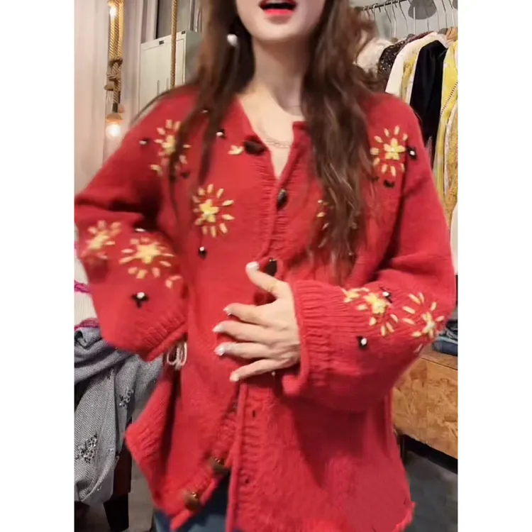 S5112101素拉那里 定制款韩系复古刺绣提花花朵软糯羊毛开衫毛衣