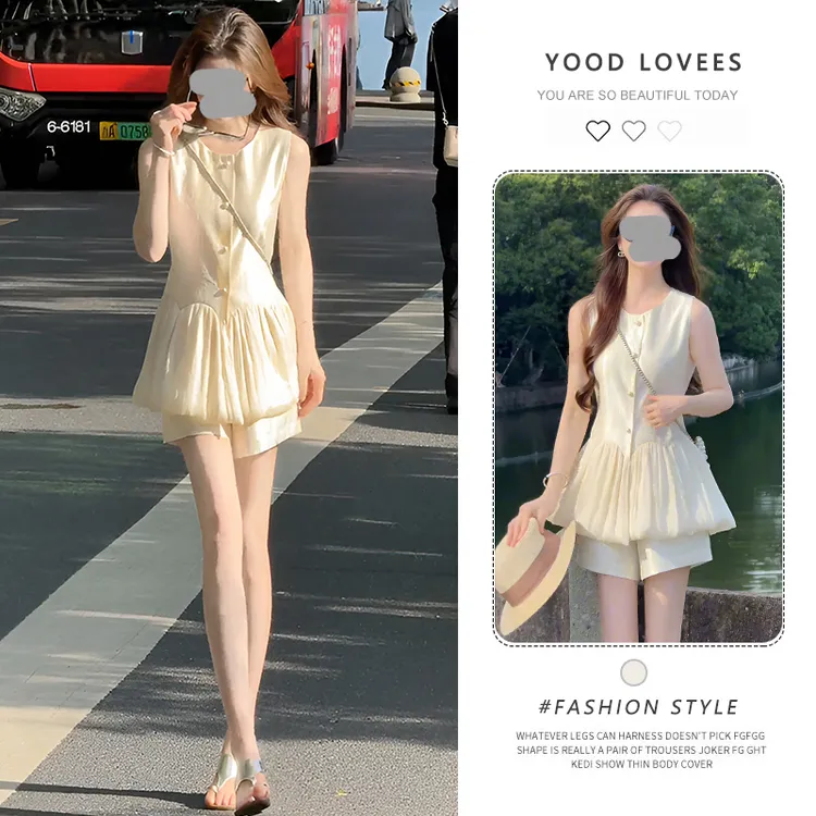 法式时尚套装女2025夏季新款洋气质显瘦拼接无袖上衣短裤两件套潮