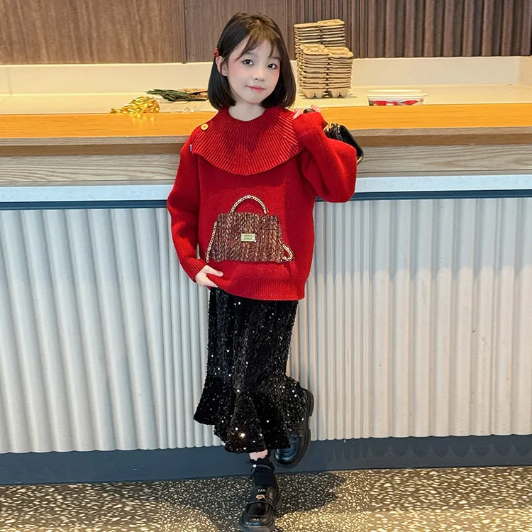 女童新年套装秋冬季红色毛衣鱼尾裙儿童冬装加厚两件套大童拜年服