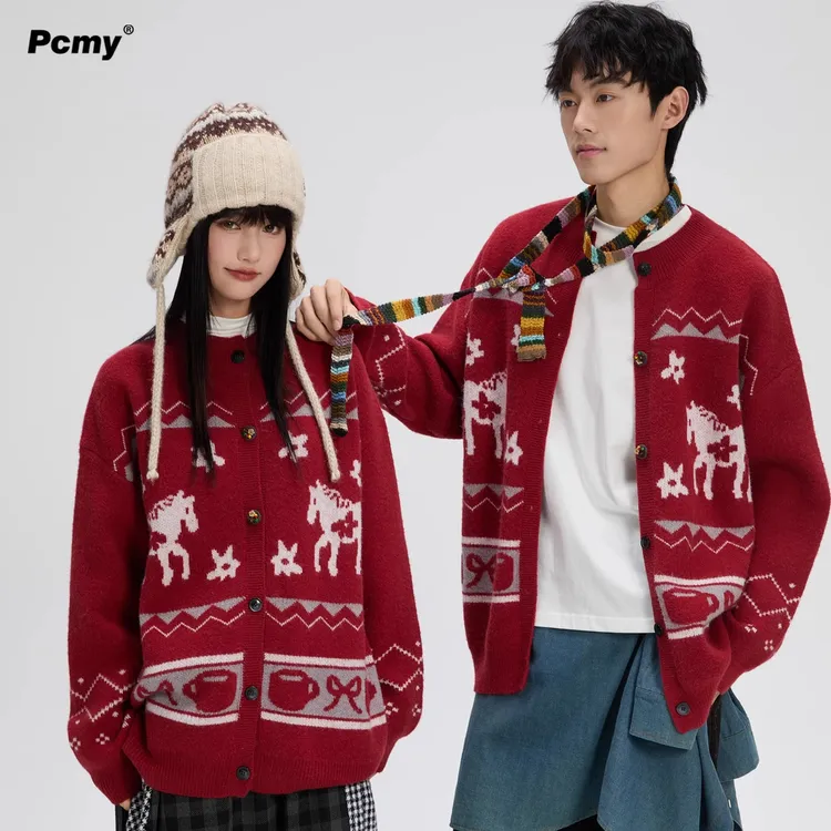PCMY圣诞风费尔岛毛衣情侣复古开衫针织衫红色新年款男女同款外套