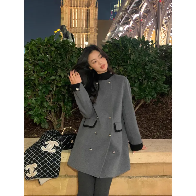 【有里布】高级感撞色毛呢外套女立领设计感宽松气质大衣TX0290