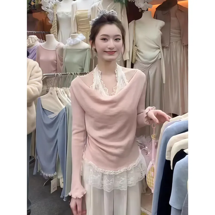 法式蕾丝花边挂脖拼接假两件打底衫女2025新款内搭气质显瘦上衣