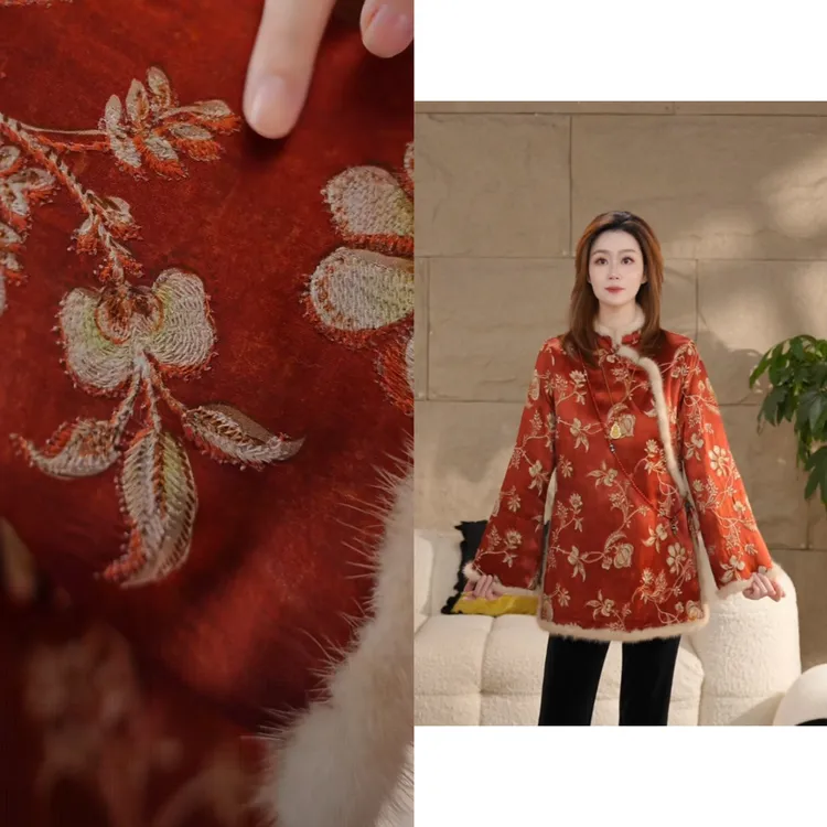 Miss.Z【金瓜满堂】新中式秋冬上衣人丝拼水貂显瘦夹棉外套#w10182