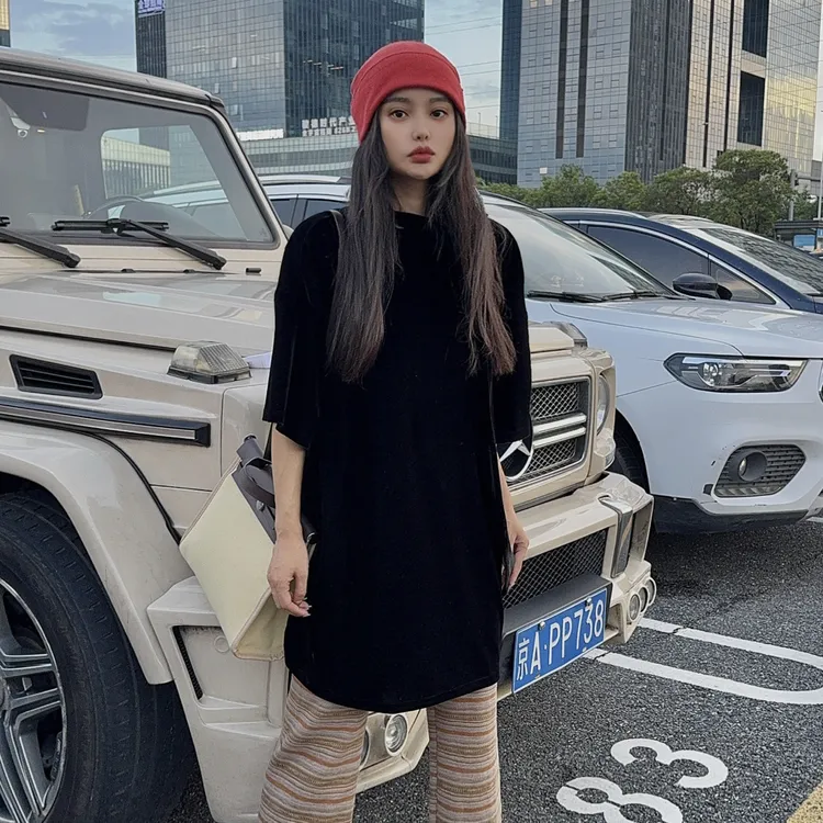 LULU BUNNY  丝绒t恤宽松休闲大版型复古中长款